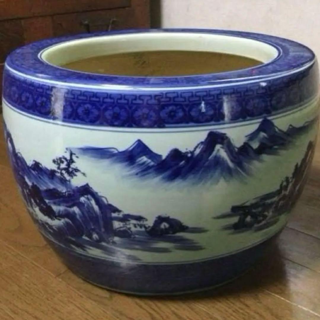 火鉢　手描き藍染め火鉢　アンティーク火鉢　植木鉢　鉢テーブル
