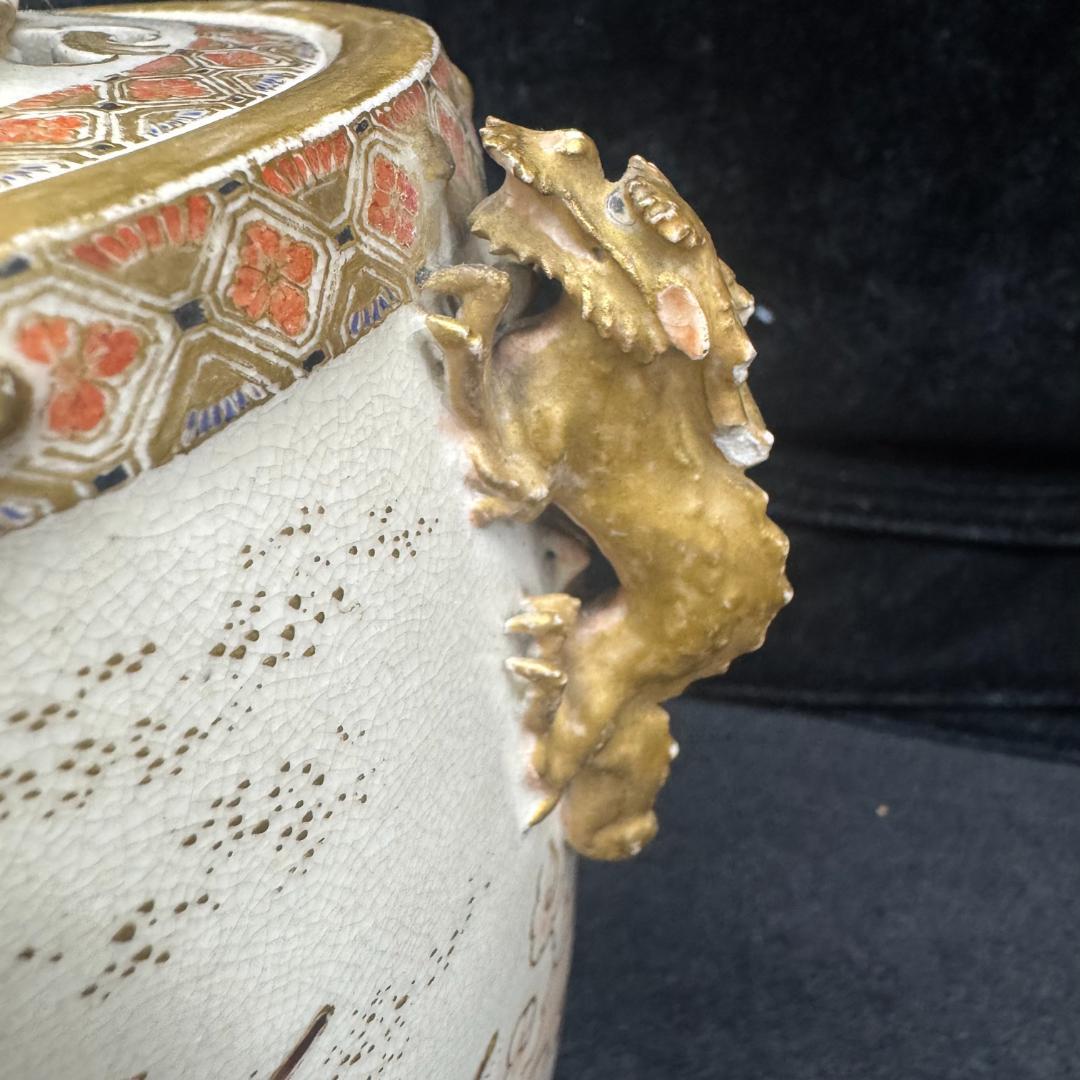 希少！薩摩焼 武将図 金彩香炉 獅子摘 古薩摩 箱付 名家旧蔵 明治時代 耳キズ