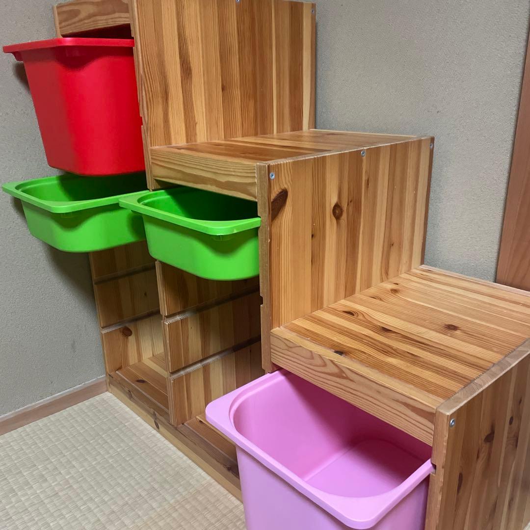 【送料込】IKEA イケア　おもちゃ収納棚トロファスト　木製階段　収納ケース付き