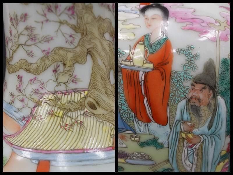 清時代 雍正年製在銘粉彩色絵『人物物語文』飾壺/ 花器 金継ぎ”あり