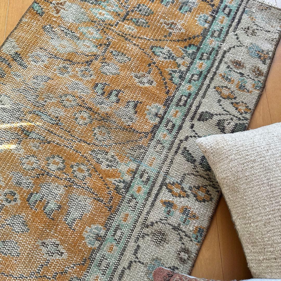 59×147オレンジボタニカル　擦れ　ランナー　トルコヴィンテージラグ