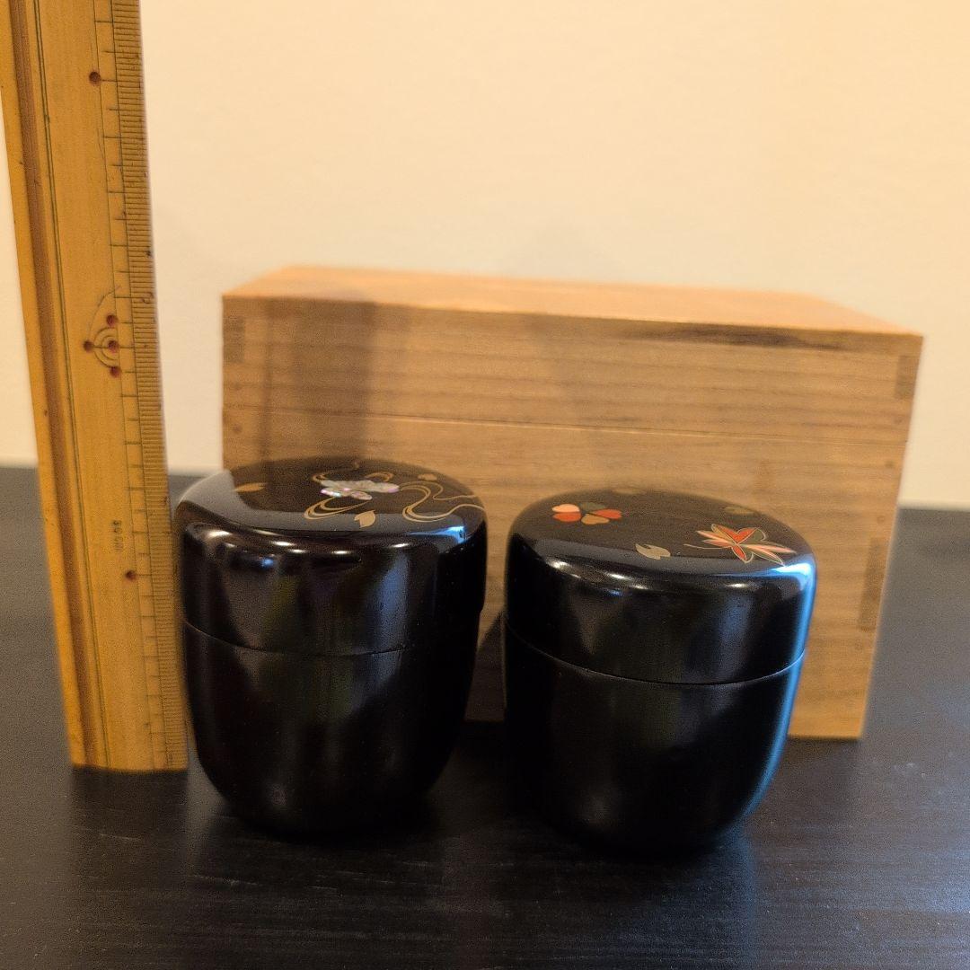 茶道具　桐柾茶通箱　木製漆棗二点　計三点