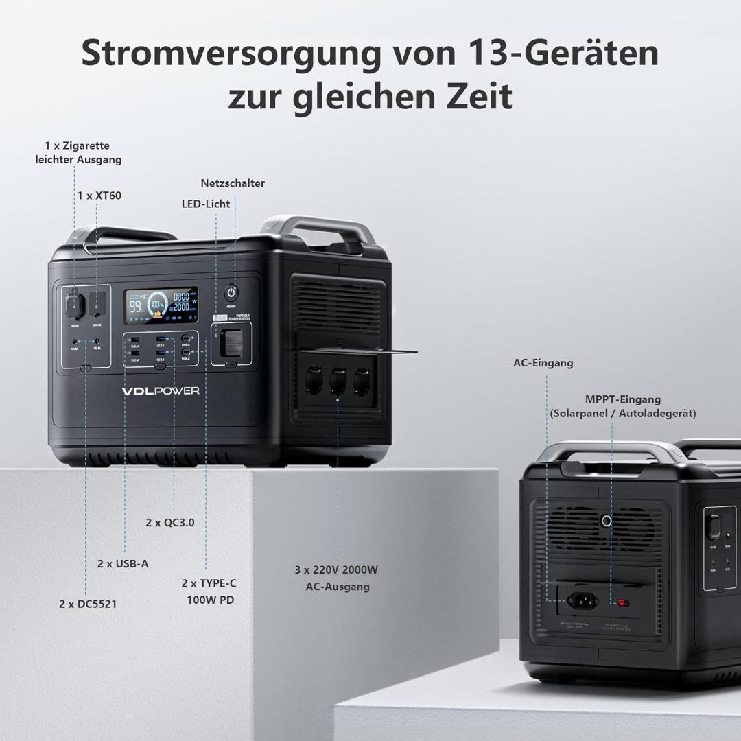 VDLポータブル電源 2000W 大容量 リン酸鉄リチウム電池