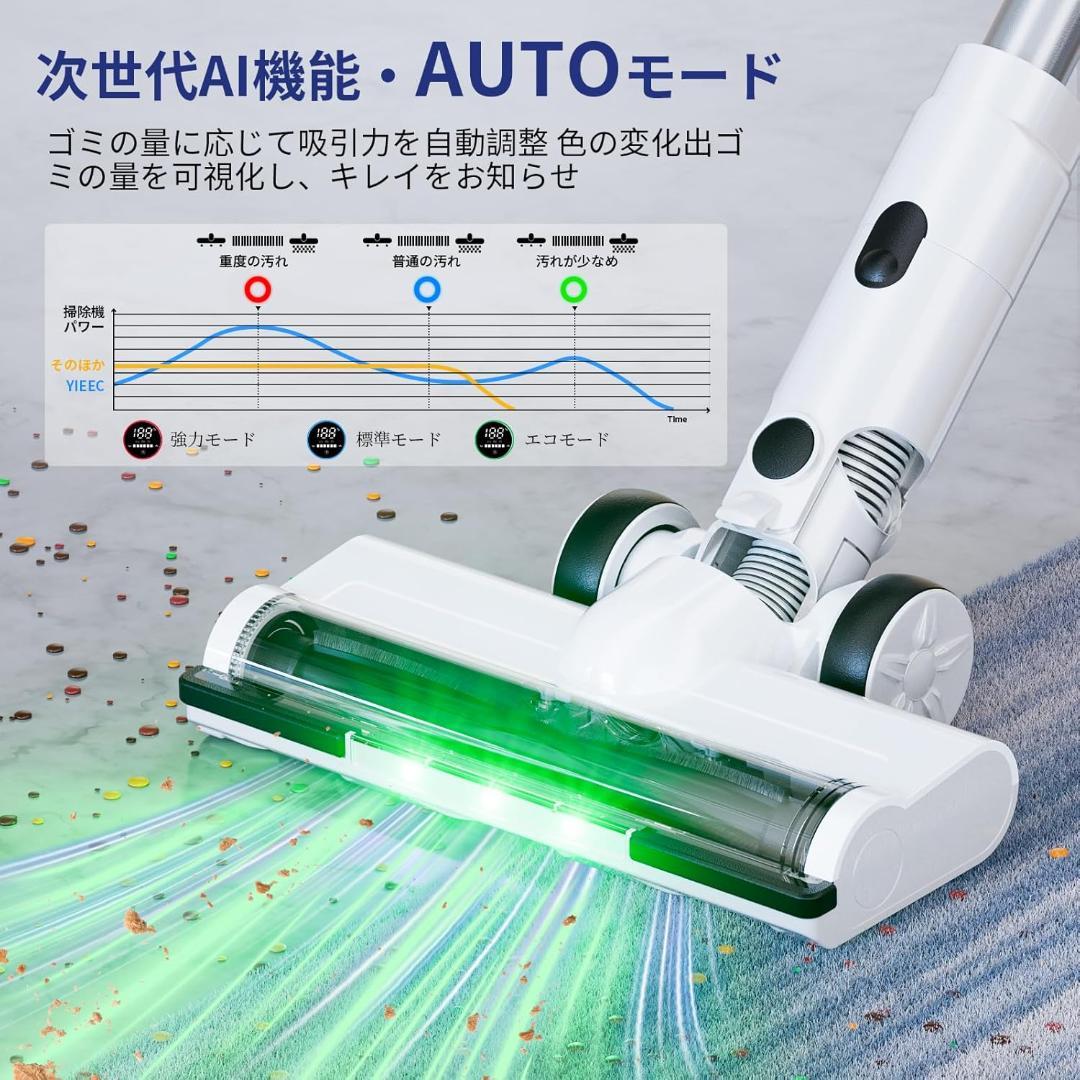 YIEEC 掃除機コードレス AI汚れ自動検知＆65Kpa強力吸引 LEDライト