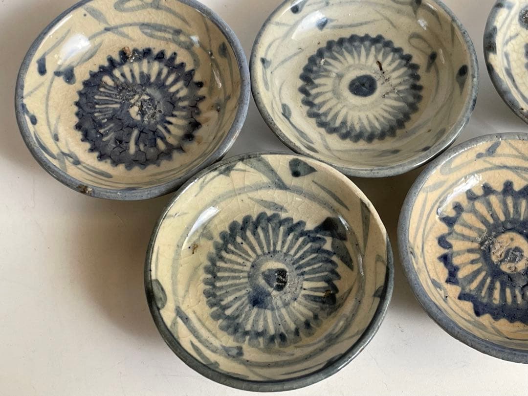 骨董　アンティーク　清朝　中国　染付　花文様　豆皿　小皿　手塩皿　5枚